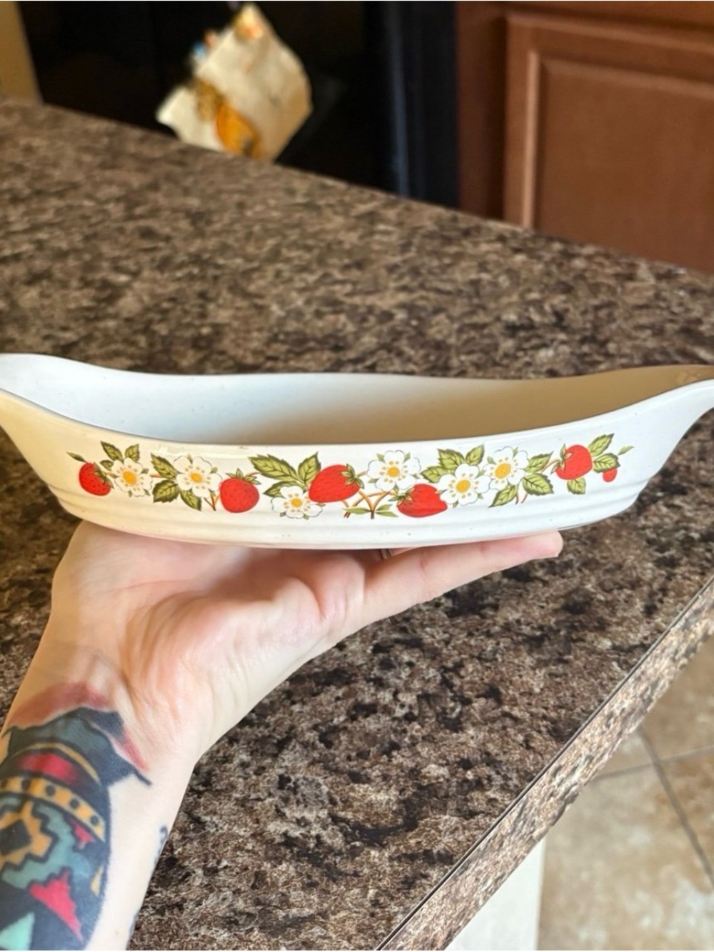 Vintage White Ceramic Serving Dish with Strawberry Floral Border